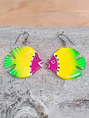 Retro Wooden Bright Tropical Fish Fish Hook Earrings